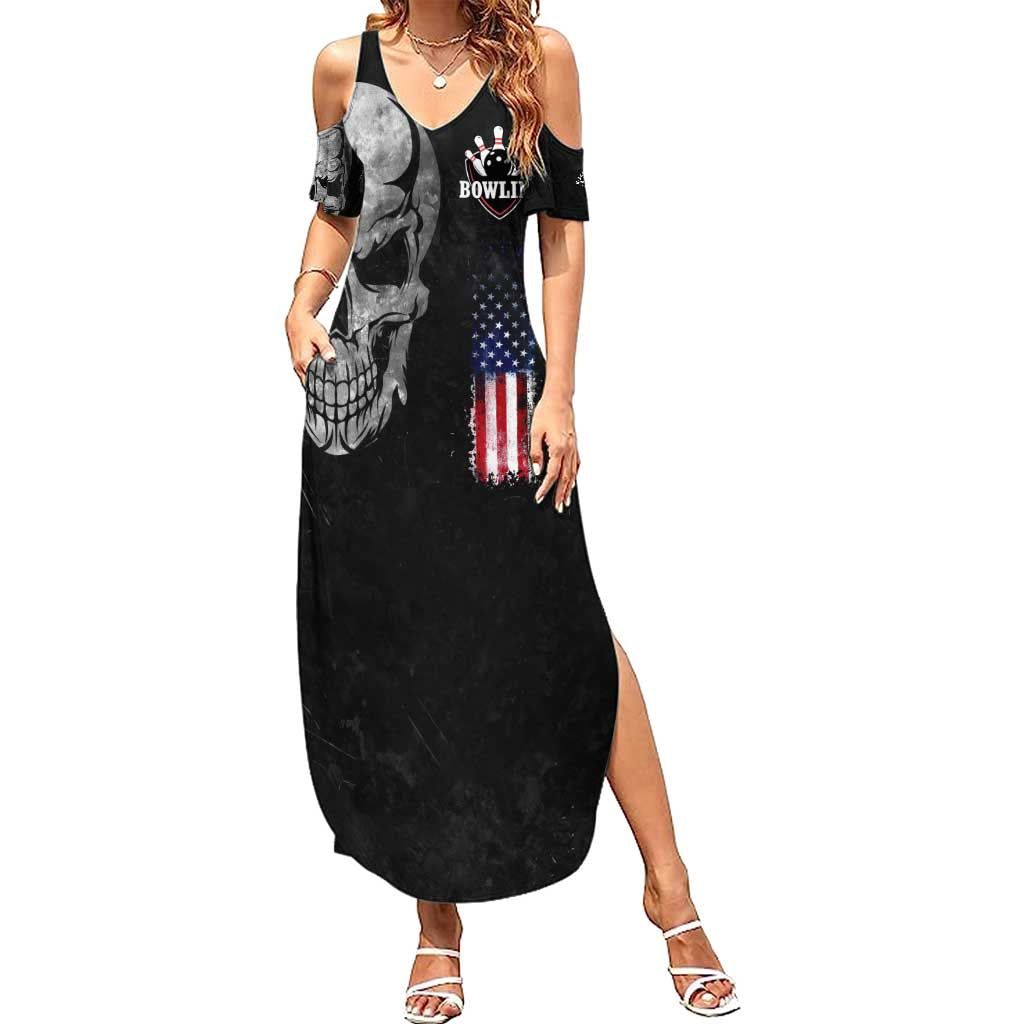 Bowling Skull Family Matching Summer Maxi Dress and Hawaiian Shirt with American Flag and Custom Name Text Design - Wonder Print Shop
