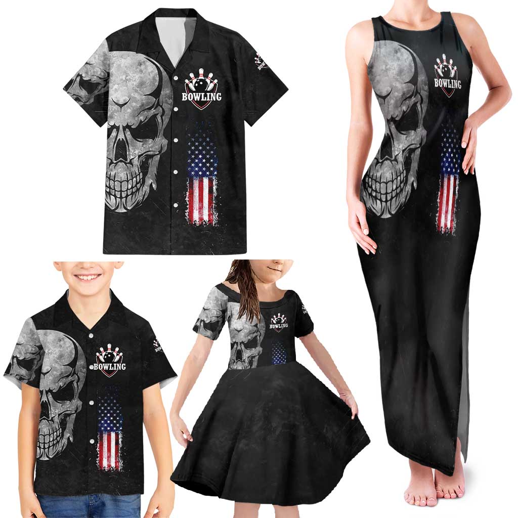 Bowling Skull Family Matching Tank Maxi Dress and Hawaiian Shirt with American Flag and Custom Name Text Design - Wonder Print Shop