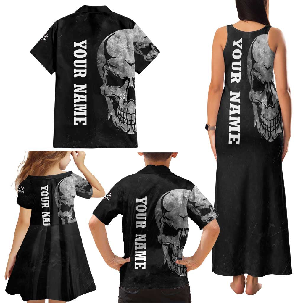 Bowling Skull Family Matching Tank Maxi Dress and Hawaiian Shirt with American Flag and Custom Name Text Design - Wonder Print Shop