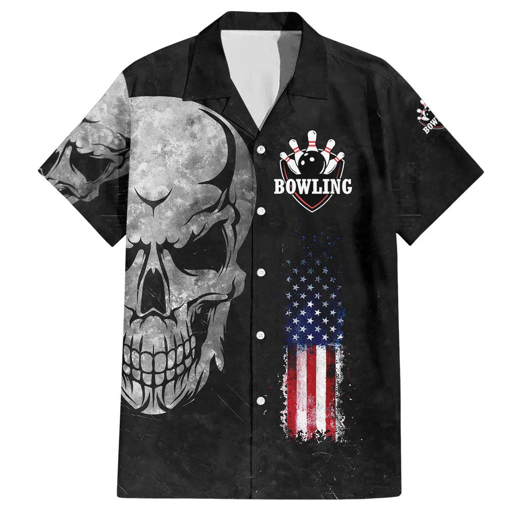 Bowling Skull Hawaiian Shirt with American Flag and Custom Name Text Design - Wonder Print Shop