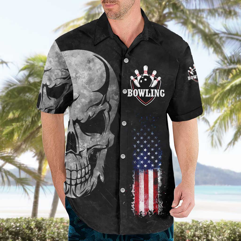 Bowling Skull Hawaiian Shirt with American Flag and Custom Name Text Design - Wonder Print Shop