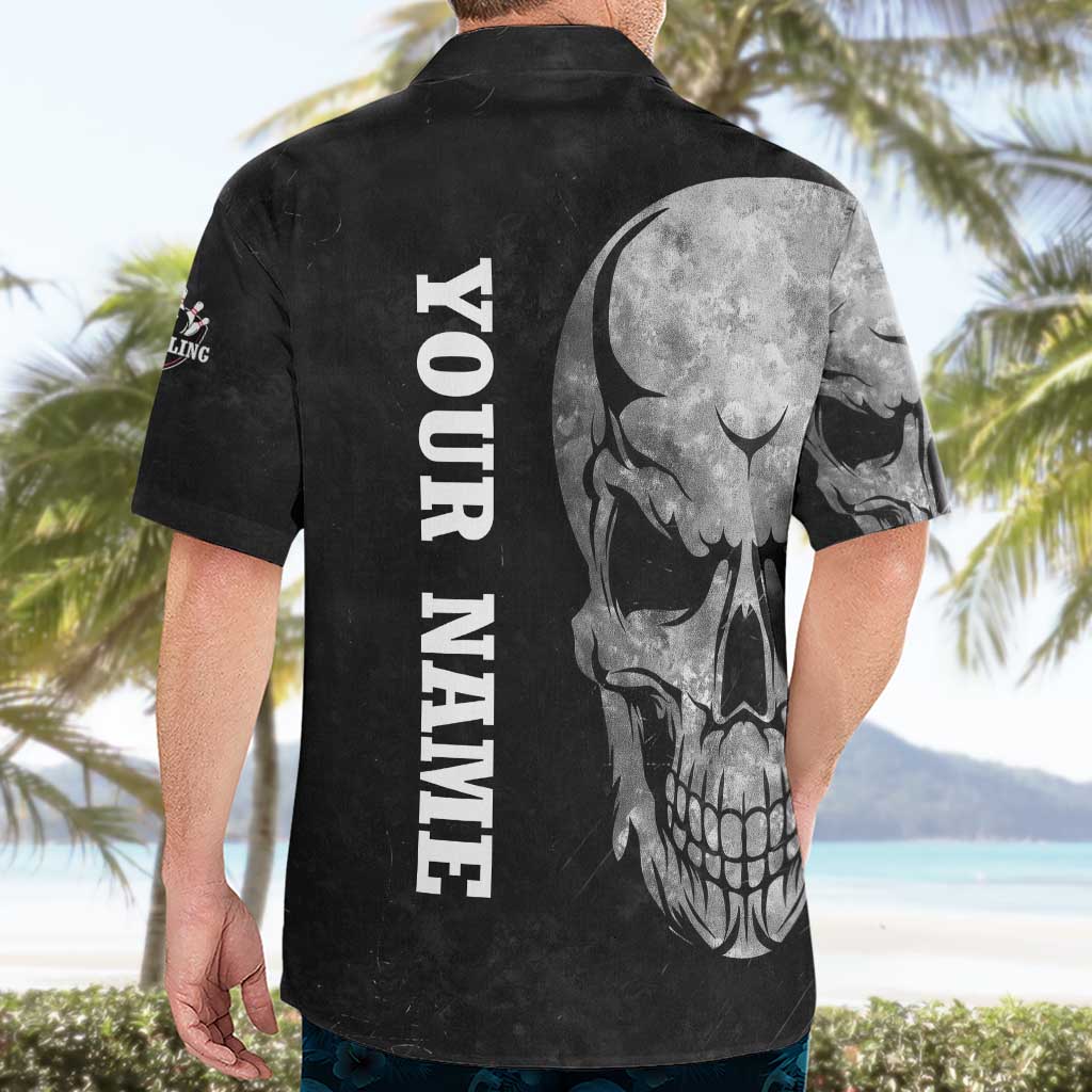 Bowling Skull Hawaiian Shirt with American Flag and Custom Name Text Design - Wonder Print Shop