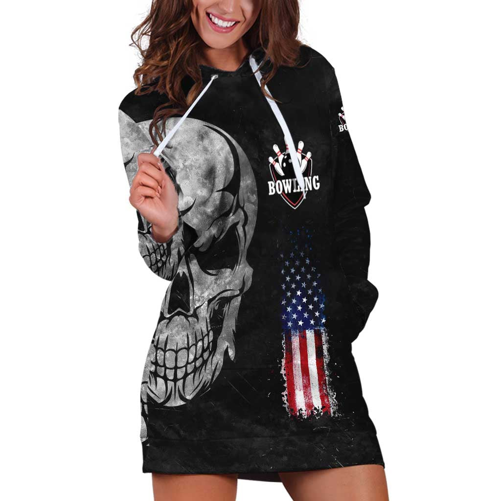 Bowling Skull Hoodie Dress with American Flag and Custom Name Text Design - Wonder Print Shop