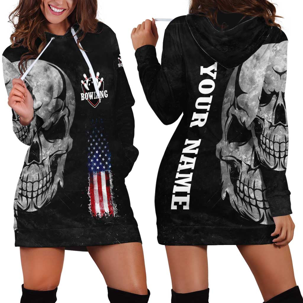 Bowling Skull Hoodie Dress with American Flag and Custom Name Text Design - Wonder Print Shop