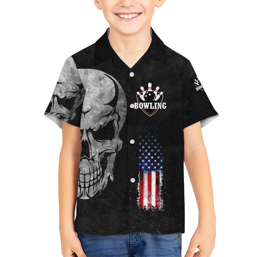 Bowling Skull Kid Hawaiian Shirt with American Flag and Custom Name Text Design - Wonder Print Shop