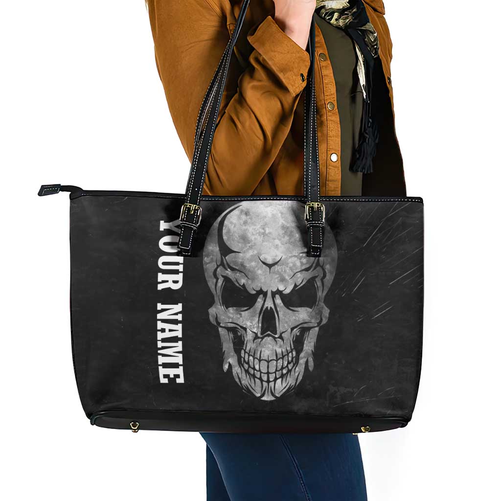 Bowling Skull Leather Tote Bag with American Flag and Custom Name Text Design - Wonder Print Shop