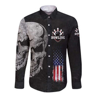 Bowling Skull Long Sleeve Button Shirt with American Flag and Custom Name Text Design - Wonder Print Shop