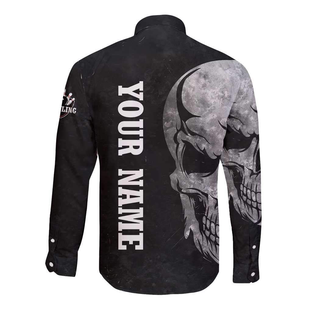 Bowling Skull Long Sleeve Button Shirt with American Flag and Custom Name Text Design - Wonder Print Shop
