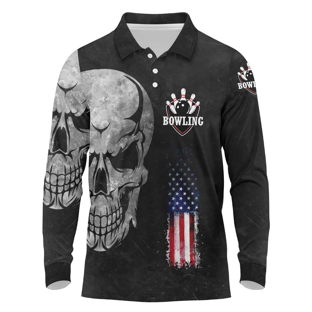Bowling Skull Long Sleeve Polo Shirt with American Flag and Custom Name Text Design - Wonder Print Shop