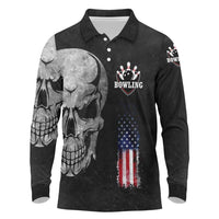 Bowling Skull Long Sleeve Polo Shirt with American Flag and Custom Name Text Design - Wonder Print Shop