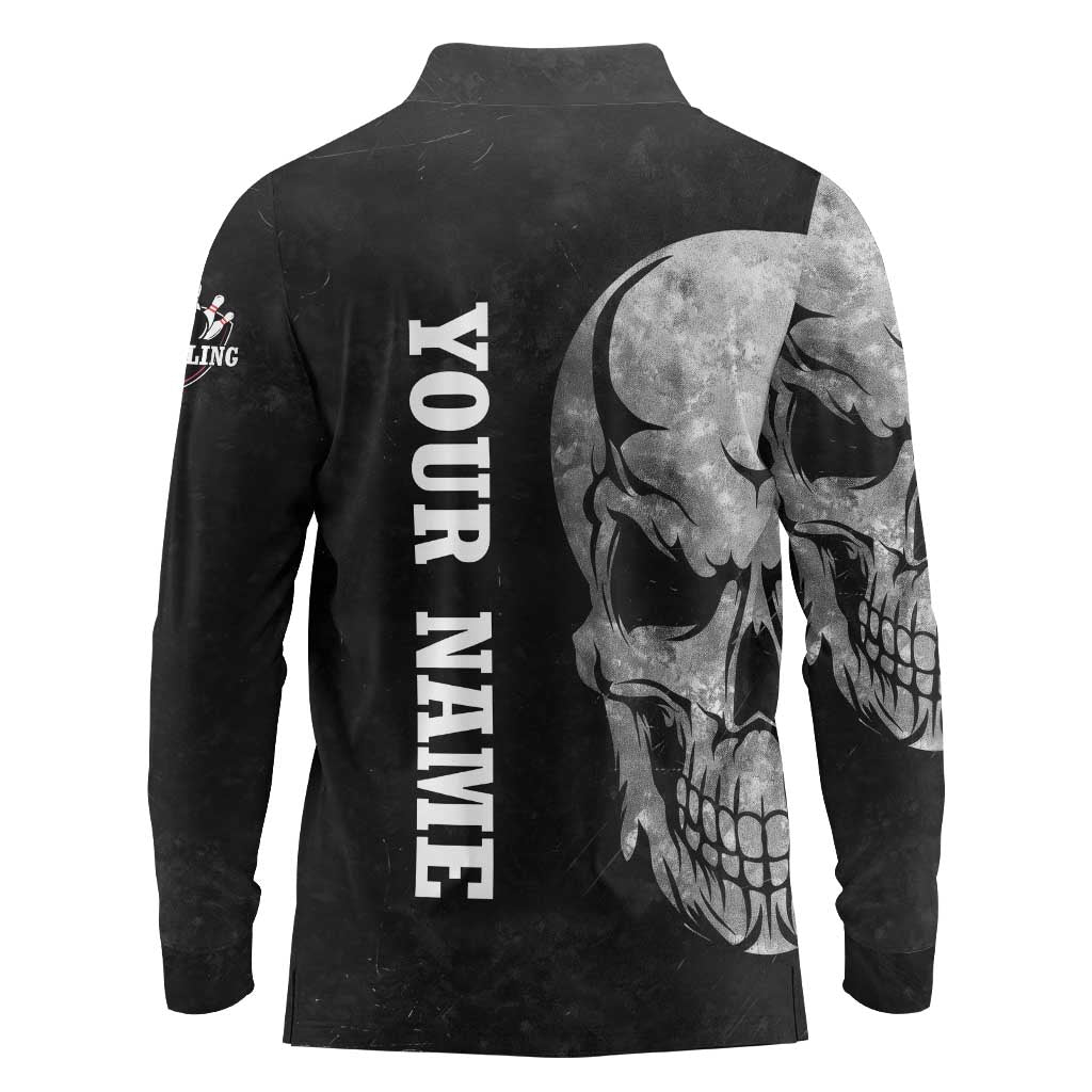 Bowling Skull Long Sleeve Polo Shirt with American Flag and Custom Name Text Design - Wonder Print Shop