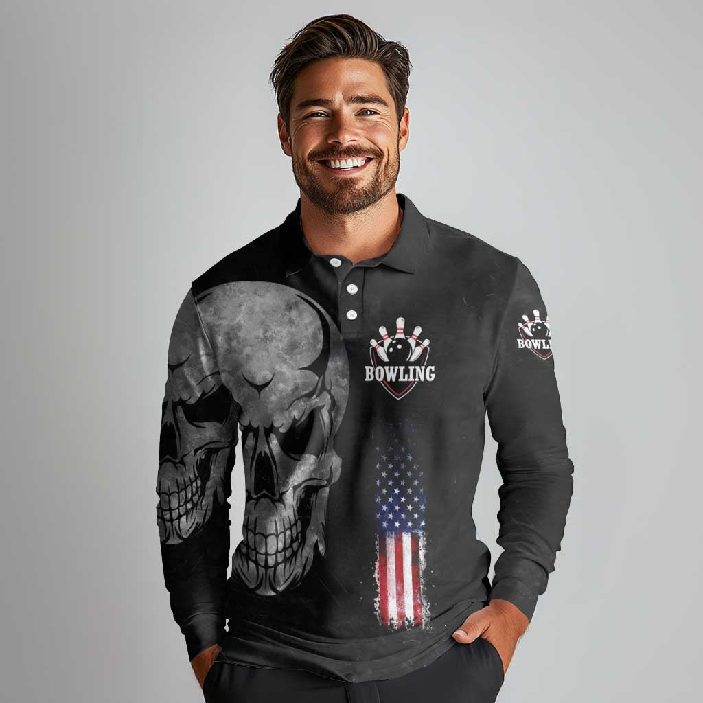 Bowling Skull Long Sleeve Polo Shirt with American Flag and Custom Name Text Design - Wonder Print Shop