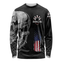 Bowling Skull Long Sleeve Shirt with American Flag and Custom Name Text Design - Wonder Print Shop