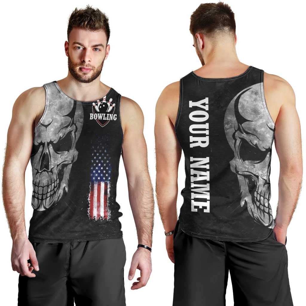 Bowling Skull Men Tank Top with American Flag and Custom Name Text Design - Wonder Print Shop