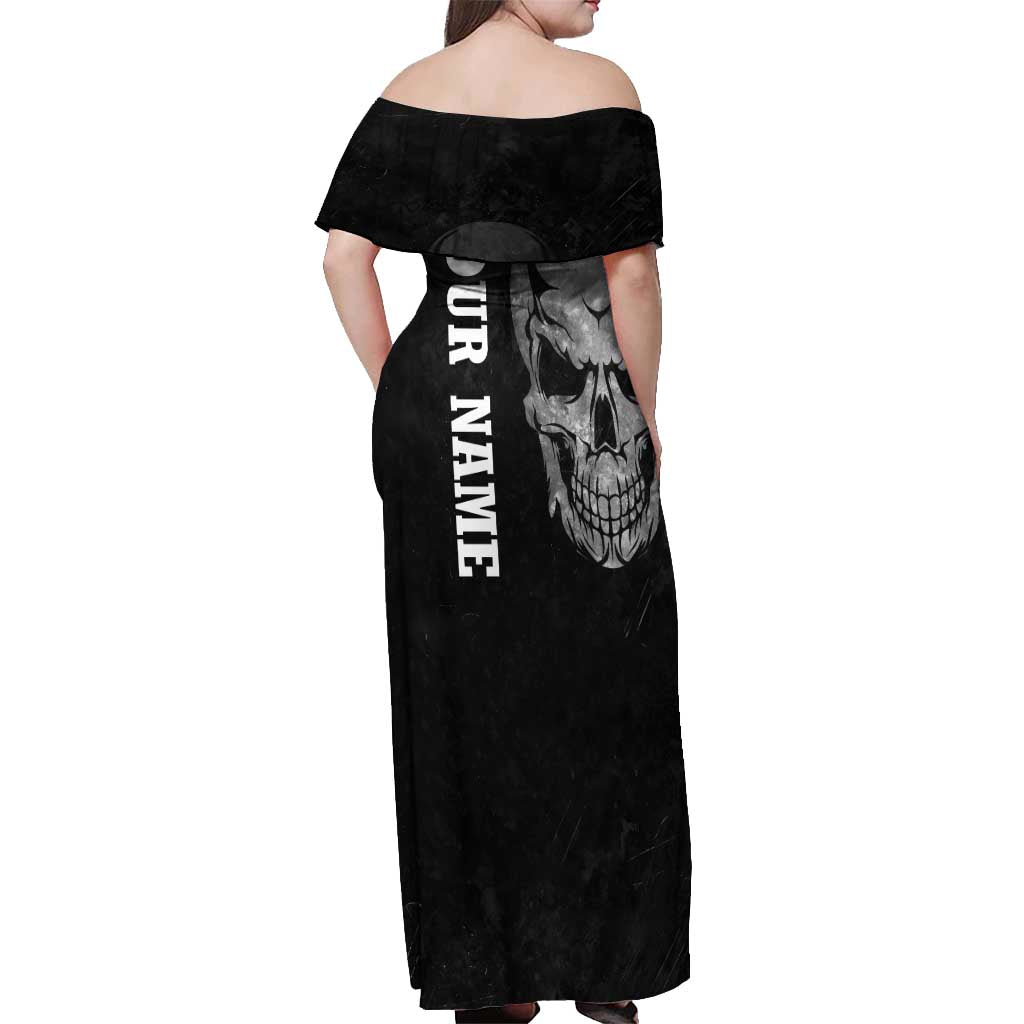 Bowling Skull Off Shoulder Maxi Dress with American Flag and Custom Name Text Design - Wonder Print Shop