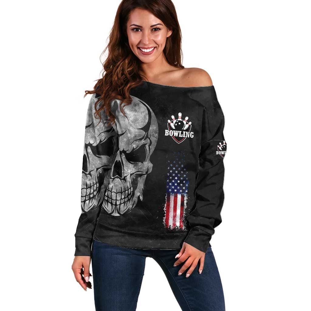 Bowling Skull Off Shoulder Sweater with American Flag and Custom Name Text Design - Wonder Print Shop