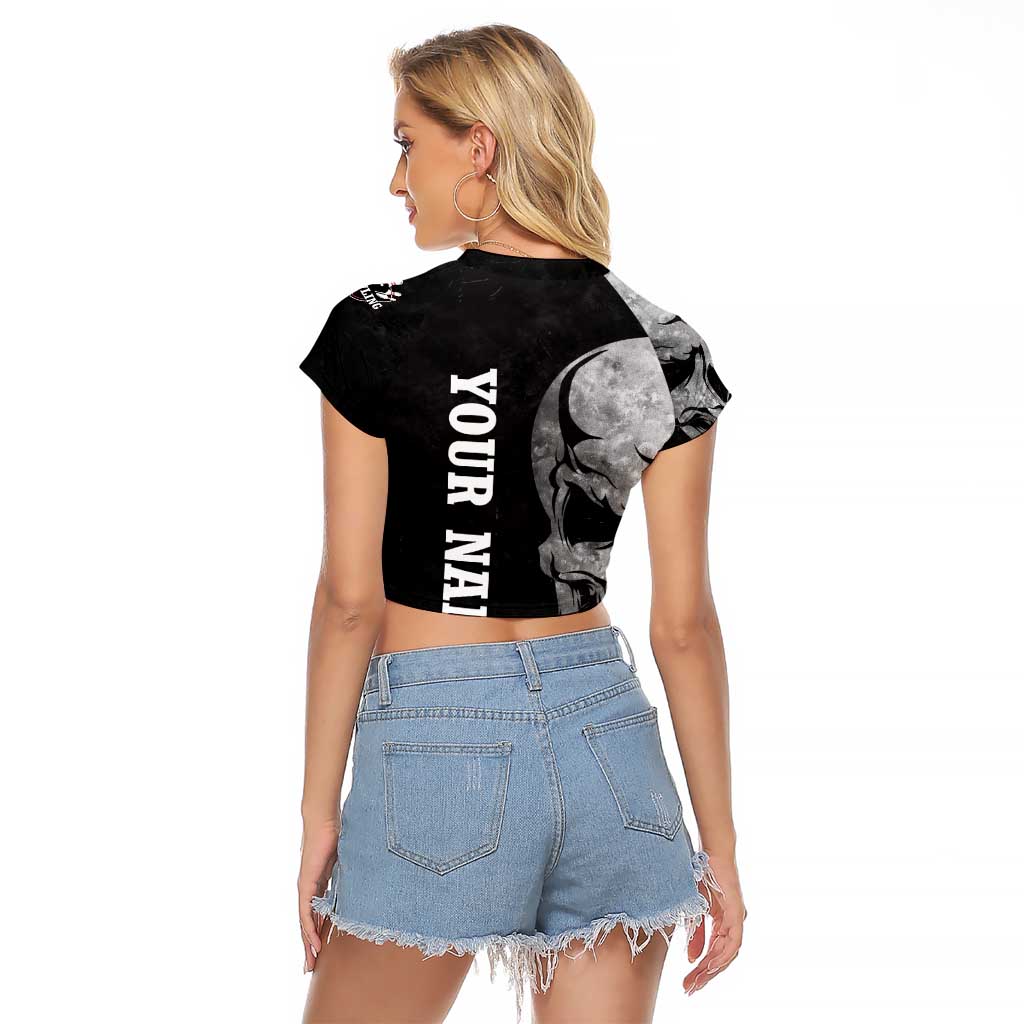 Bowling Skull Raglan Cropped T Shirt with American Flag and Custom Name Text Design - Wonder Print Shop