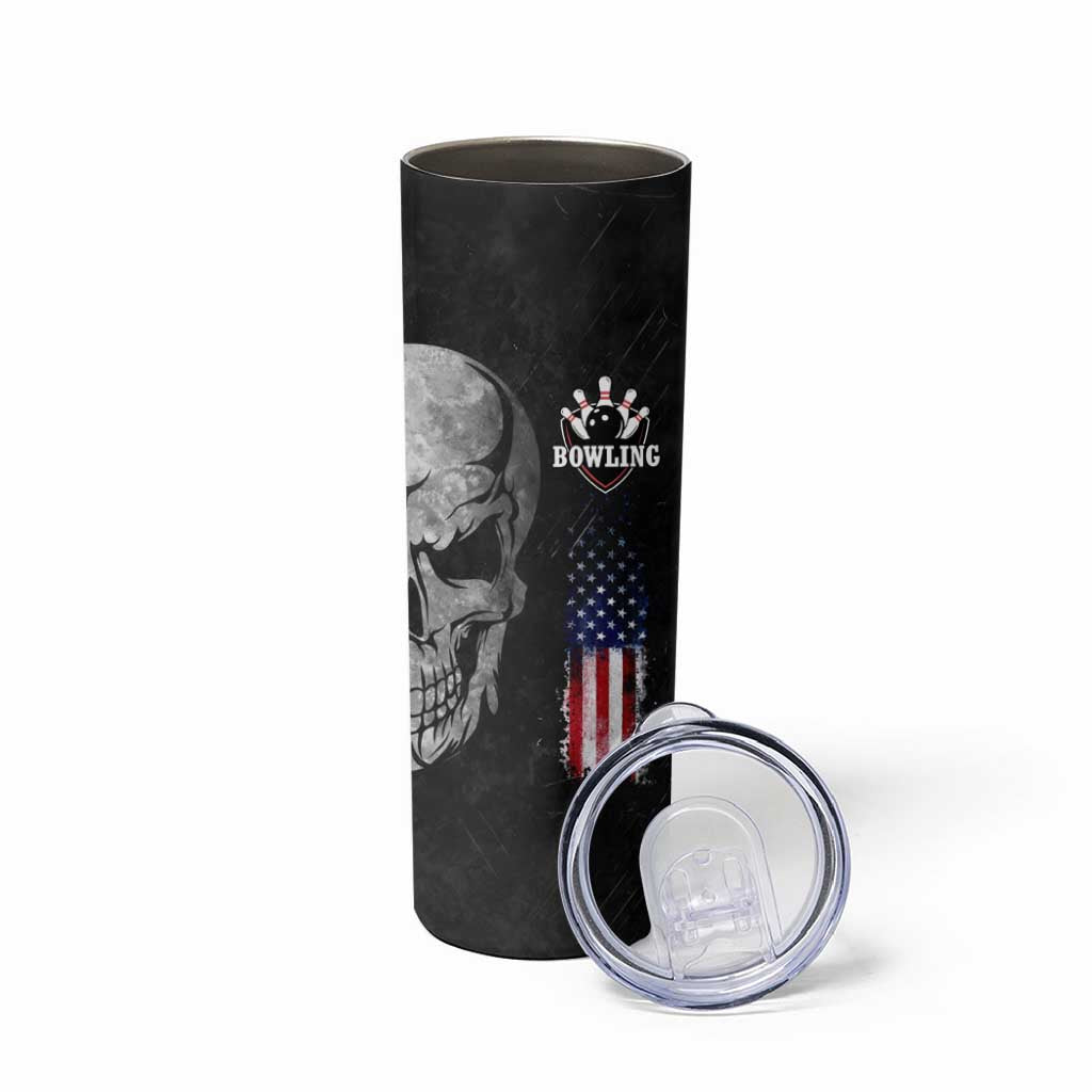 Bowling Skull Skinny Tumbler with American Flag and Custom Name Text Design - Wonder Print Shop