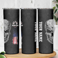 Bowling Skull Skinny Tumbler with American Flag and Custom Name Text Design - Wonder Print Shop