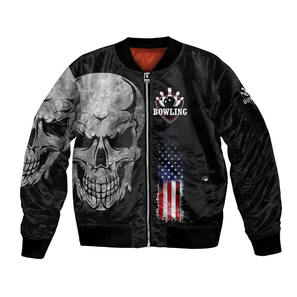 Bowling Skull Sleeve Zip Bomber Jacket with American Flag and Custom Name Text Design - Wonder Print Shop
