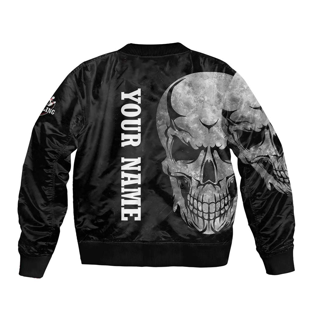 Bowling Skull Sleeve Zip Bomber Jacket with American Flag and Custom Name Text Design - Wonder Print Shop