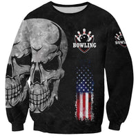 Bowling Skull Sweatshirt with American Flag and Custom Name Text Design - Wonder Print Shop