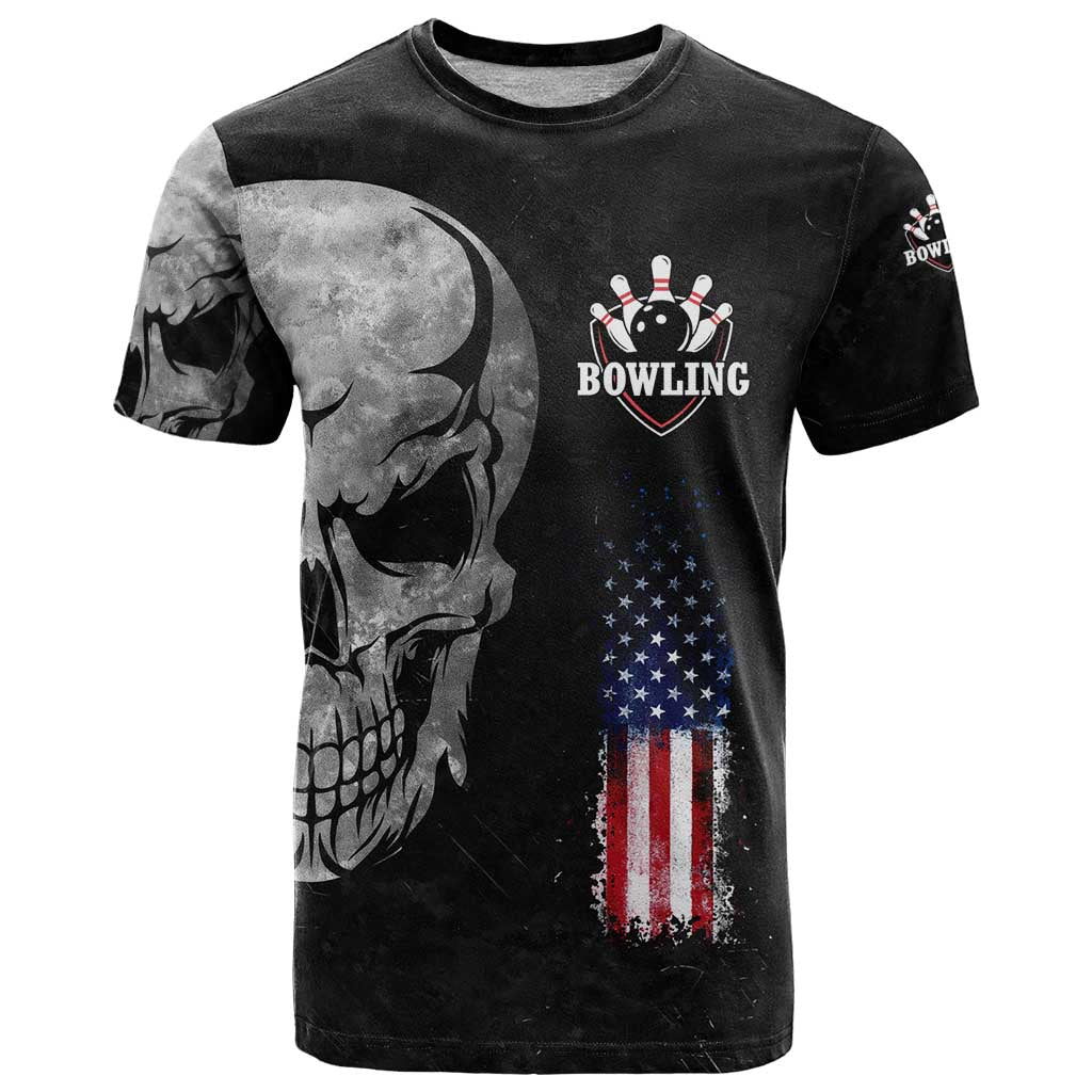 Bowling Skull T Shirt with American Flag and Custom Name Text Design - Wonder Print Shop