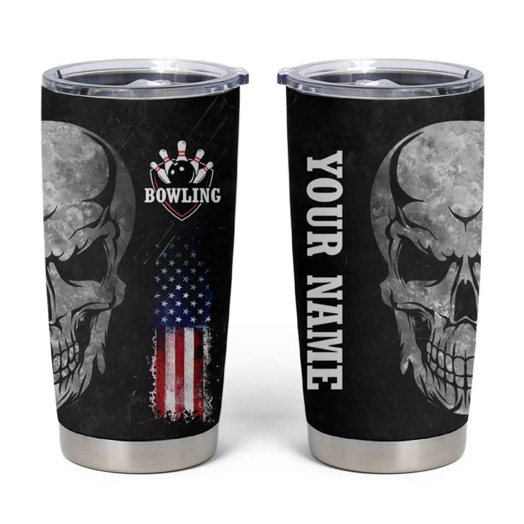 Bowling Skull Tumbler Cup with American Flag and Custom Name Text Design - Wonder Print Shop