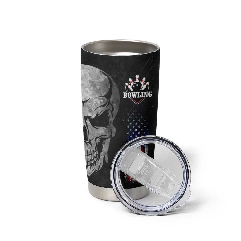Bowling Skull Tumbler Cup with American Flag and Custom Name Text Design - Wonder Print Shop