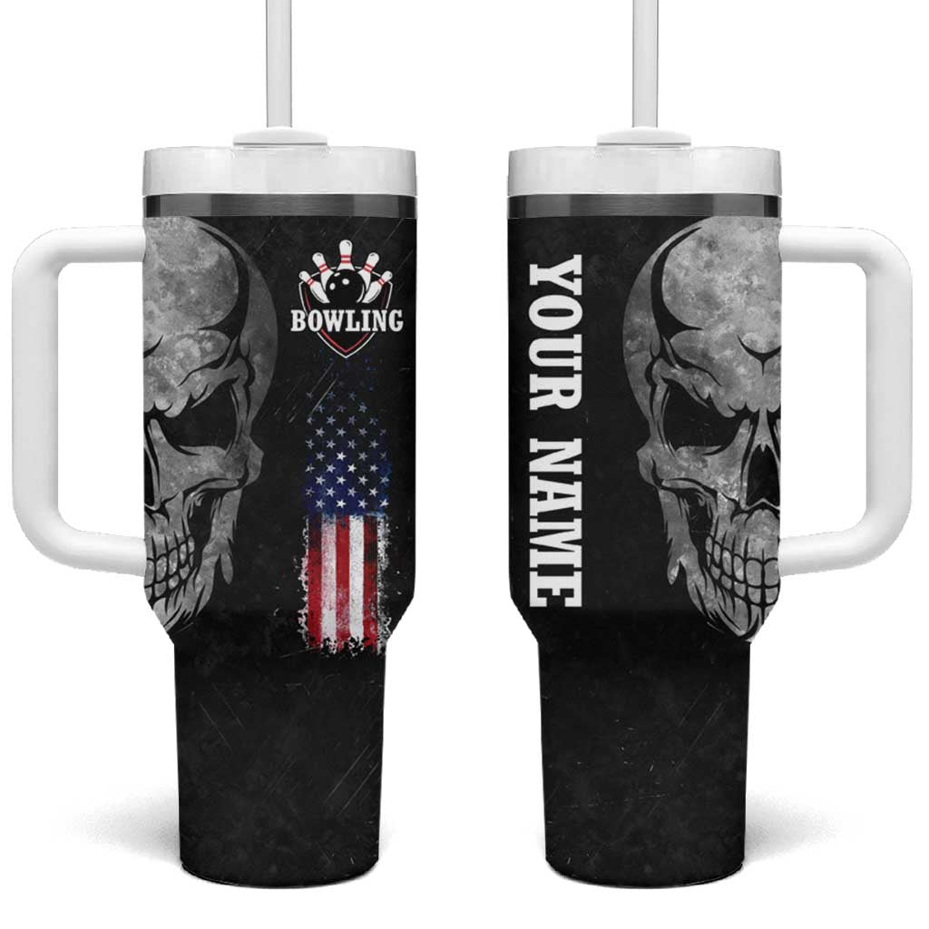 Bowling Skull Tumbler With Handle with American Flag and Custom Name Text Design - Wonder Print Shop