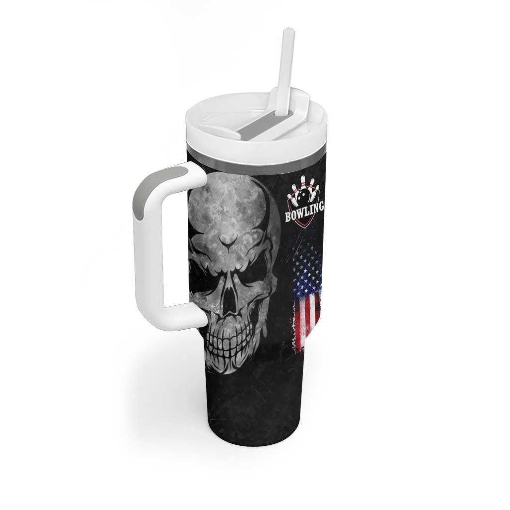 Bowling Skull Tumbler With Handle with American Flag and Custom Name Text Design - Wonder Print Shop