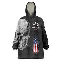 Bowling Skull Wearable Blanket Hoodie with American Flag and Custom Name Text Design - Wonder Print Shop