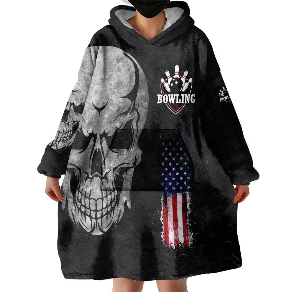 Bowling Skull Wearable Blanket Hoodie with American Flag and Custom Name Text Design - Wonder Print Shop