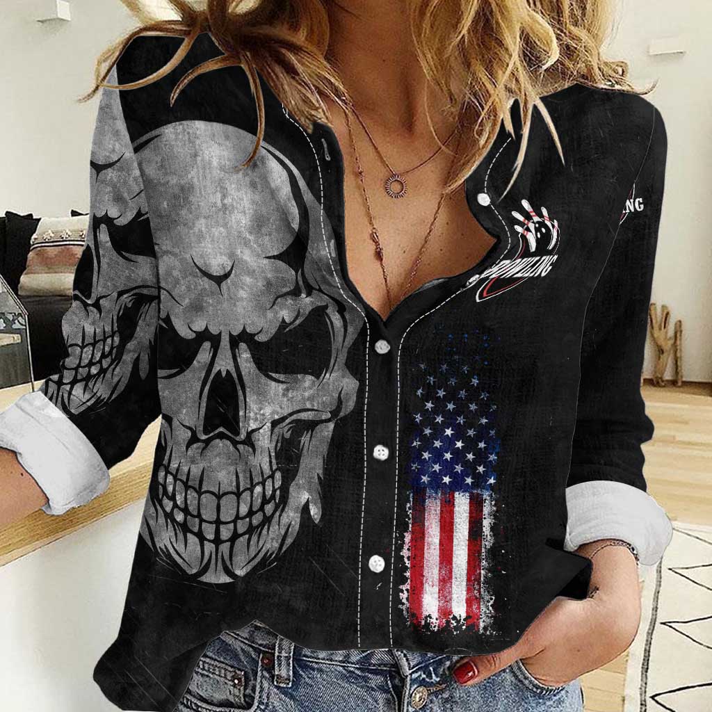 Bowling Skull Women Casual Shirt with American Flag and Custom Name Text Design - Wonder Print Shop