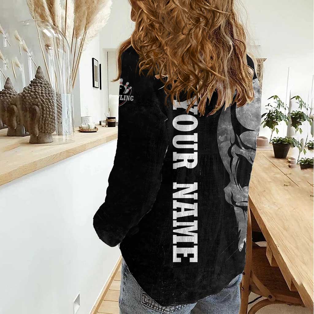 Bowling Skull Women Casual Shirt with American Flag and Custom Name Text Design - Wonder Print Shop