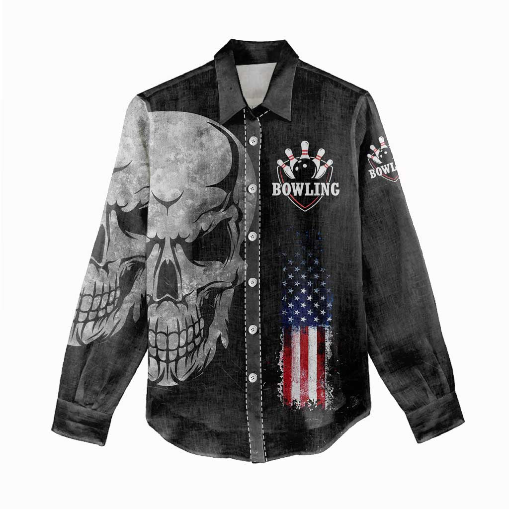 Bowling Skull Women Casual Shirt with American Flag and Custom Name Text Design - Wonder Print Shop