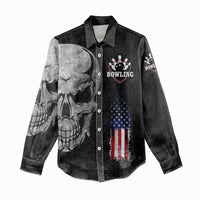 Bowling Skull Women Casual Shirt with American Flag and Custom Name Text Design - Wonder Print Shop