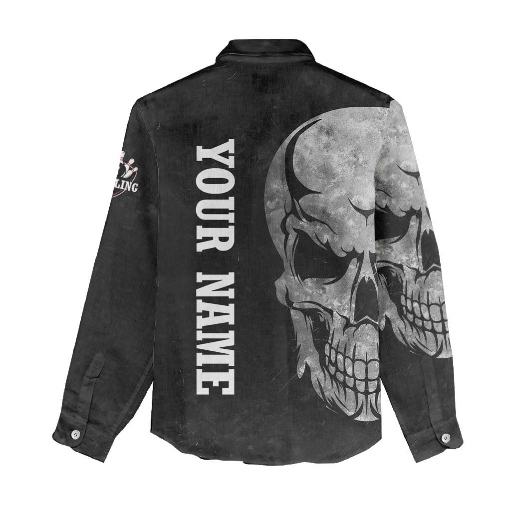 Bowling Skull Women Casual Shirt with American Flag and Custom Name Text Design - Wonder Print Shop