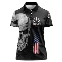 Bowling Skull Women Polo Shirt with American Flag and Custom Name Text Design - Wonder Print Shop