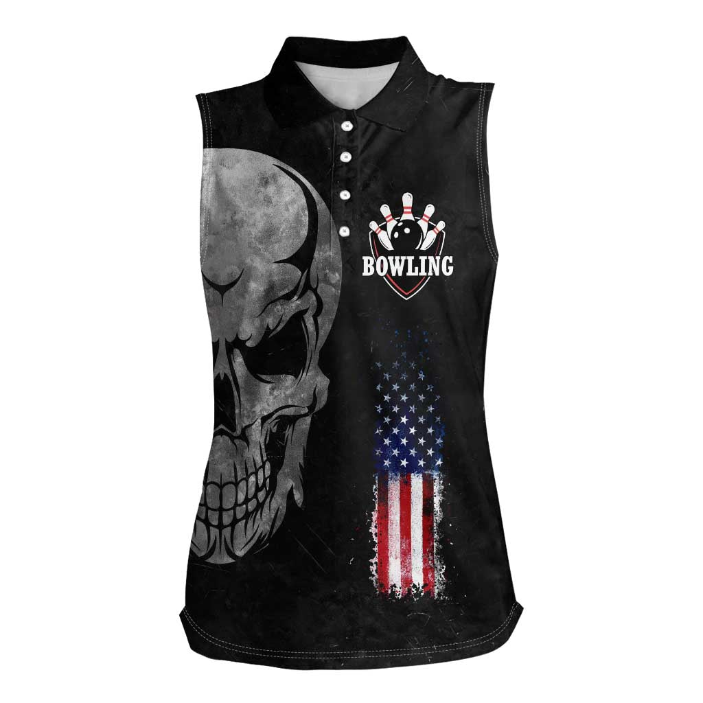 Bowling Skull Women Sleeveless Polo Shirt with American Flag and Custom Name Text Design - Wonder Print Shop