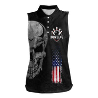 Bowling Skull Women Sleeveless Polo Shirt with American Flag and Custom Name Text Design - Wonder Print Shop