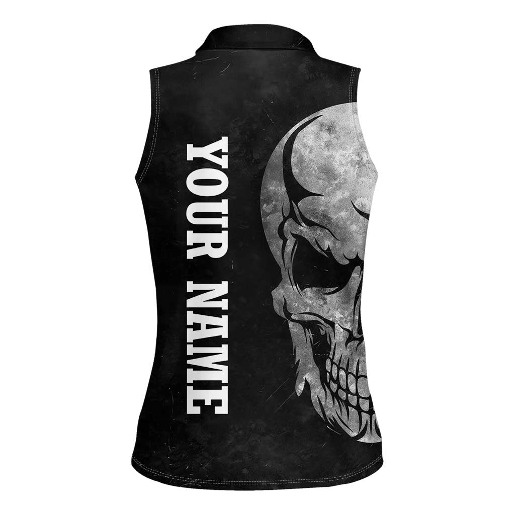 Bowling Skull Women Sleeveless Polo Shirt with American Flag and Custom Name Text Design - Wonder Print Shop