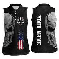 Bowling Skull Women Sleeveless Polo Shirt with American Flag and Custom Name Text Design - Wonder Print Shop