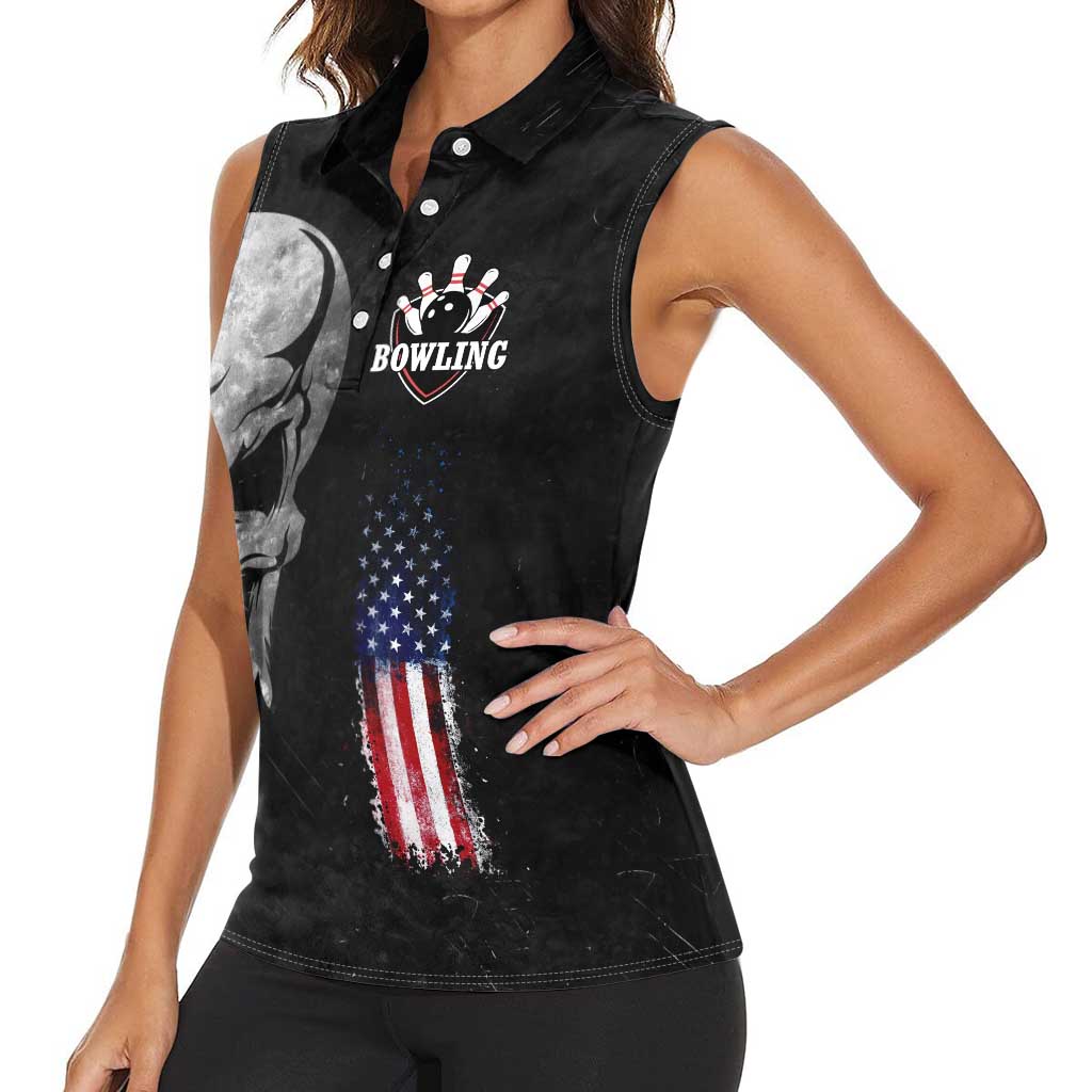 Bowling Skull Women Sleeveless Polo Shirt with American Flag and Custom Name Text Design - Wonder Print Shop