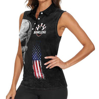 Bowling Skull Women Sleeveless Polo Shirt with American Flag and Custom Name Text Design - Wonder Print Shop