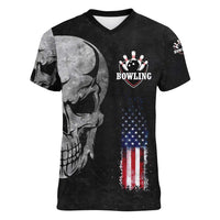Bowling Skull Women V-Neck T-Shirt with American Flag and Custom Name Text Design - Wonder Print Shop