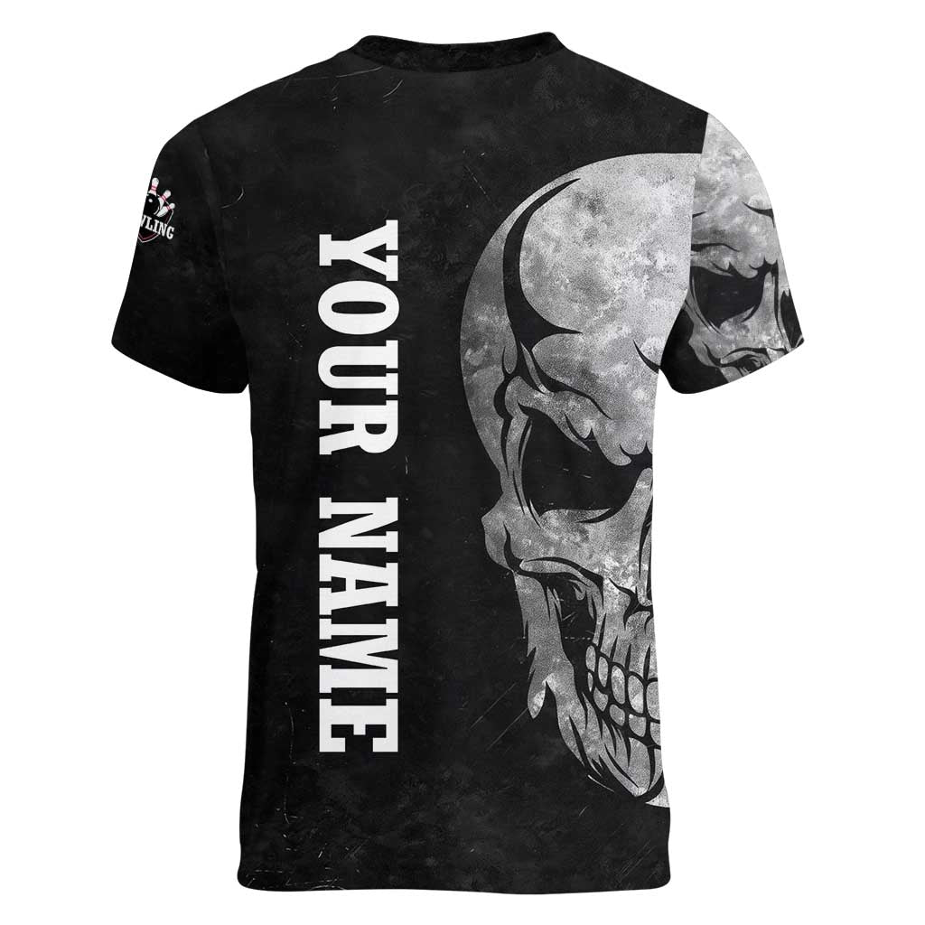 Bowling Skull Women V-Neck T-Shirt with American Flag and Custom Name Text Design - Wonder Print Shop