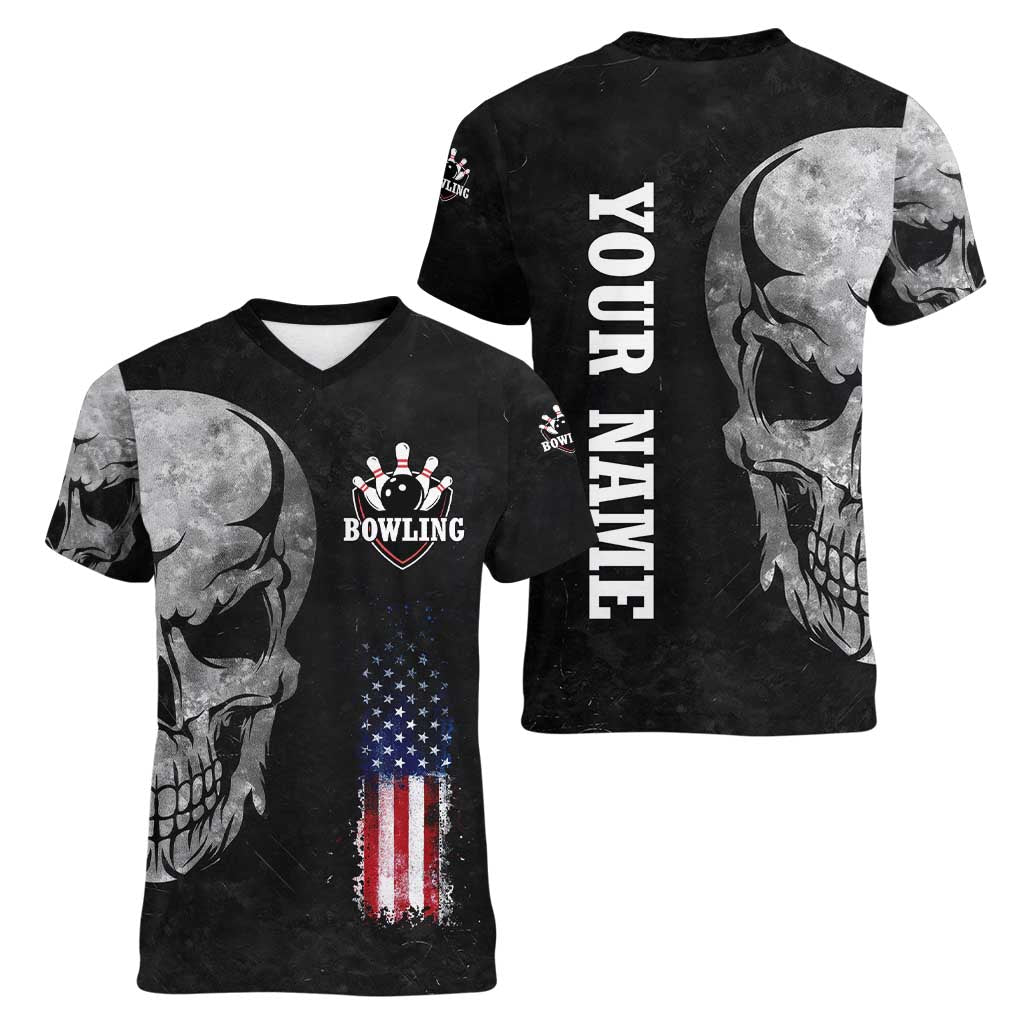 Bowling Skull Women V-Neck T-Shirt with American Flag and Custom Name Text Design - Wonder Print Shop