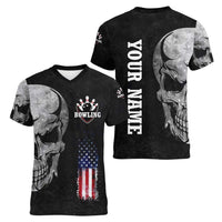 Bowling Skull Women V-Neck T-Shirt with American Flag and Custom Name Text Design - Wonder Print Shop