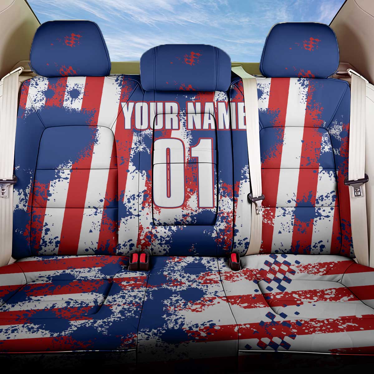Moto X Skull Graphic Back Car Seat Cover with Red White Blue Splatter and Custom Number Design - Wonder Print Shop